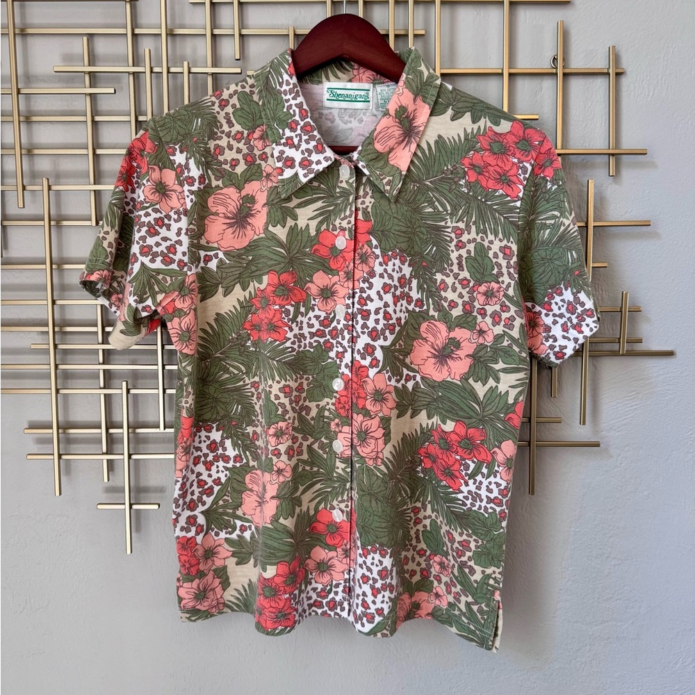Shenanigans Floral Tropical Leopard Print Button Up Shirt Small